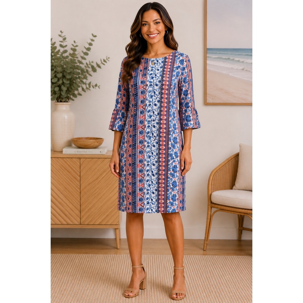 Alexandra + Oak Blue Multi Floral Geometric Shift Dress XL 3/4 Slit Sleeve